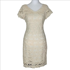 Alberto Makali Dress Size 6 Crochet Midi Cream V-Back Cap Sleeves Lined